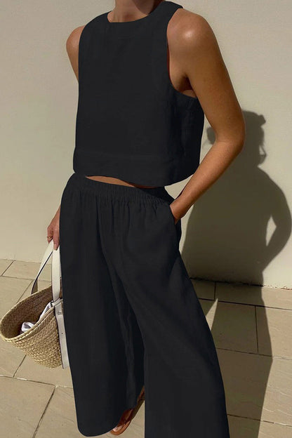 Vivian | Women's Linen Blend Sleeveless Crop Top Wide Leg Two Piece Set