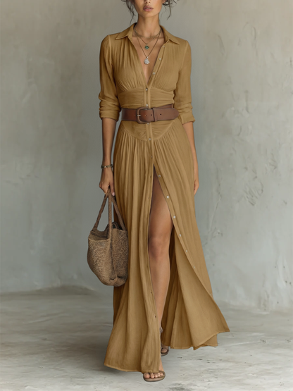 Hallie | Women's Long Sleeve Collared Button Down Boho Maxi Dress