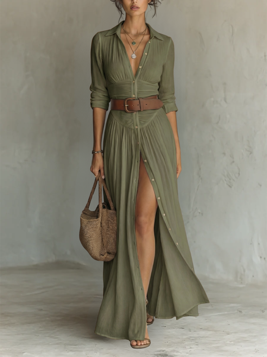 Hallie | Women's Long Sleeve Collared Button Down Boho Maxi Dress