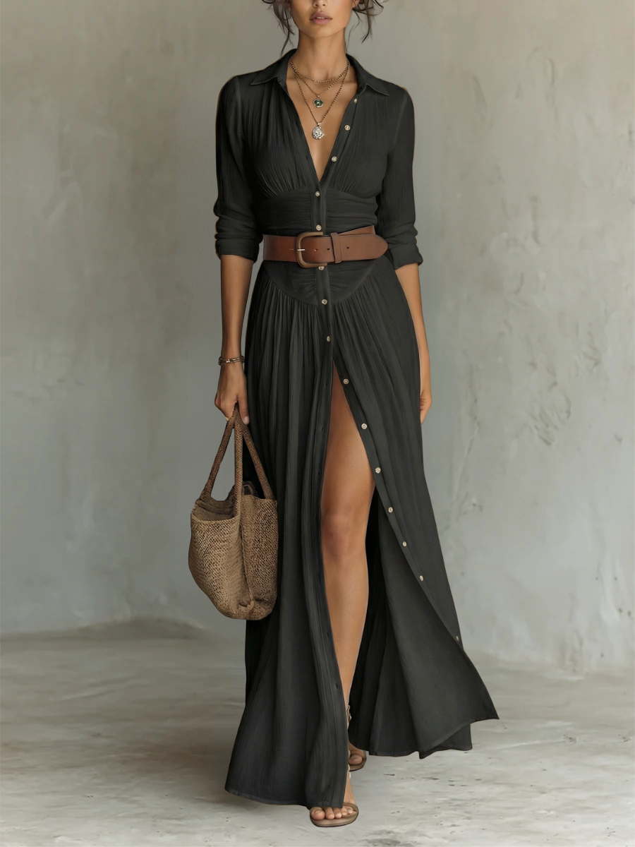 Hallie | Women's Long Sleeve Collared Button Down Boho Maxi Dress