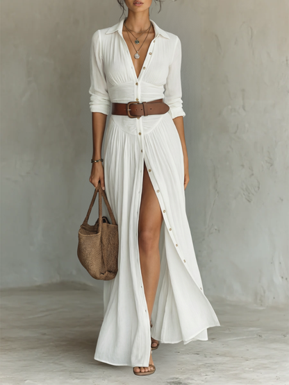 Hallie | Women's Long Sleeve Collared Button Down Boho Maxi Dress