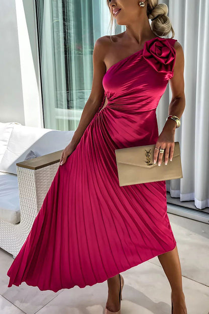 Rosalie | One Shoulder Floral Detail Ruched Waist Pleated Satin Midi Wedding Guest Dress