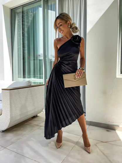 Rosalie | One Shoulder Floral Detail Ruched Waist Pleated Satin Midi Wedding Guest Dress