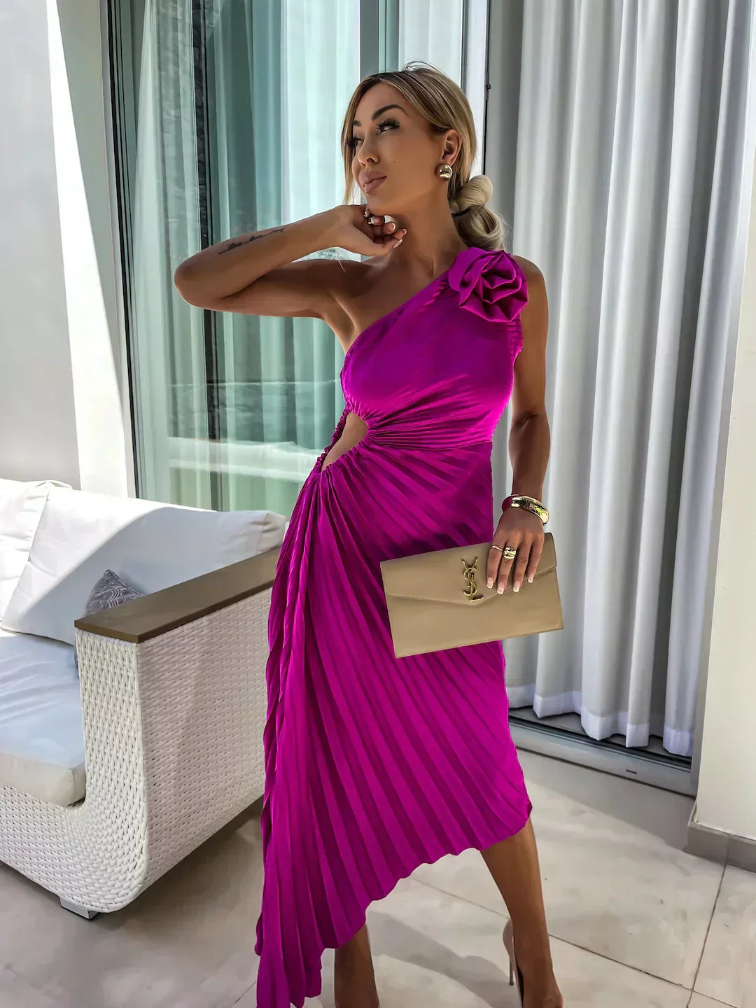 Rosalie | One Shoulder Floral Detail Ruched Waist Pleated Satin Midi Wedding Guest Dress