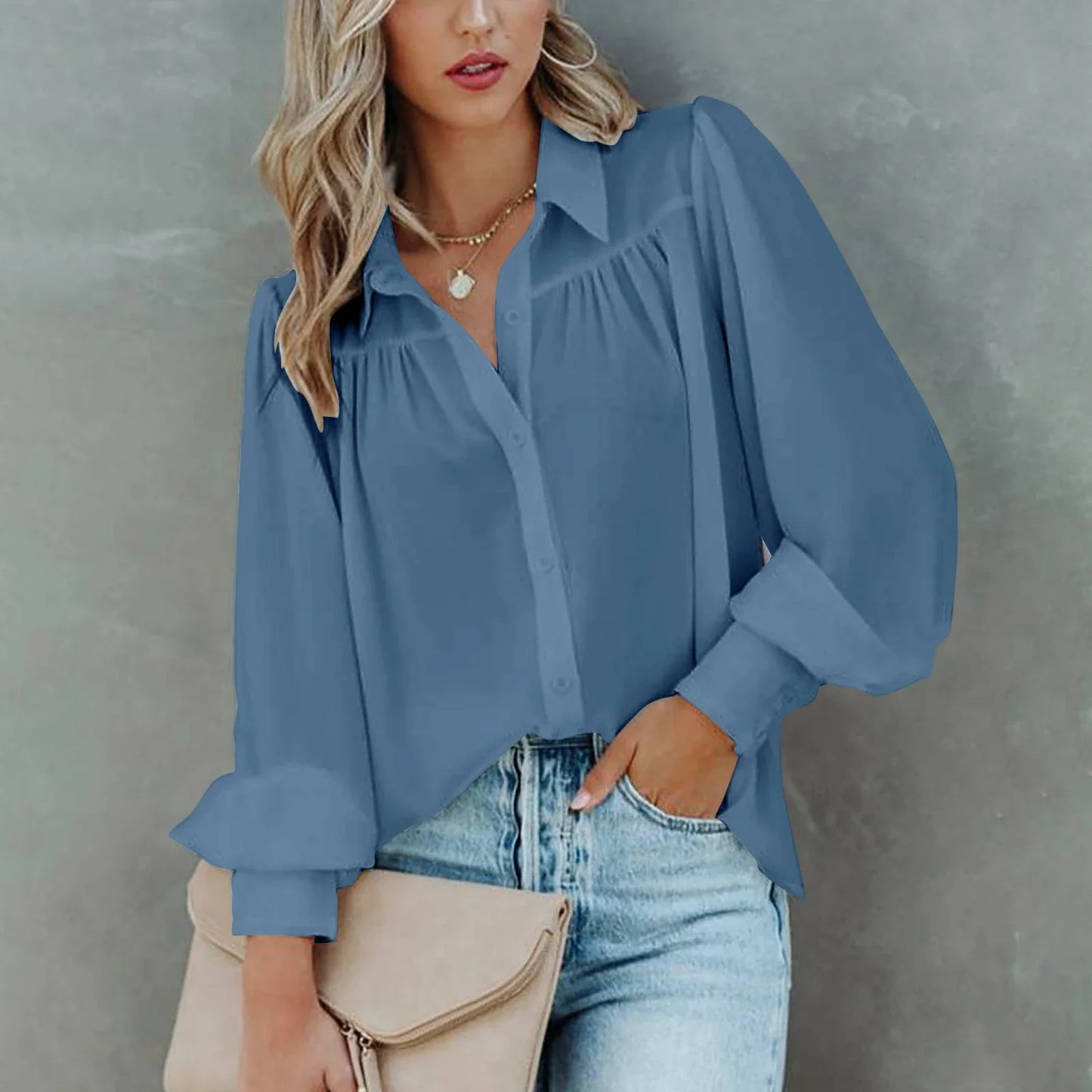 Monroe | Gathered Yoke Balloon Sleeve Lapel Collar Casual Elegant Blouse