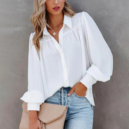 Monroe | Gathered Yoke Balloon Sleeve Lapel Collar Casual Elegant Blouse