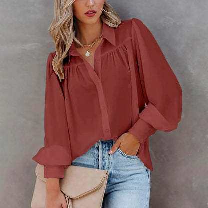 Monroe | Gathered Yoke Balloon Sleeve Lapel Collar Casual Elegant Blouse