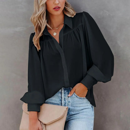 Monroe | Gathered Yoke Balloon Sleeve Lapel Collar Casual Elegant Blouse
