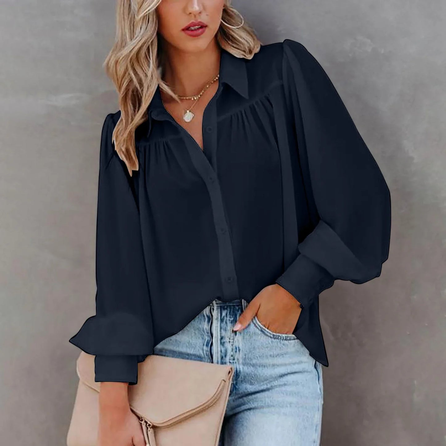 Monroe | Gathered Yoke Balloon Sleeve Lapel Collar Casual Elegant Blouse