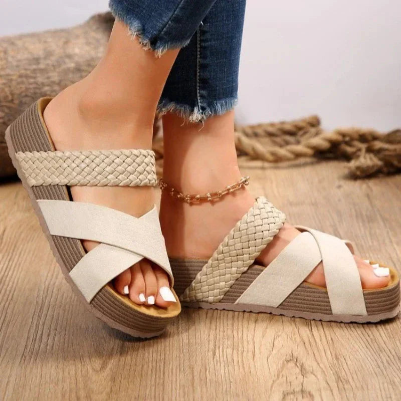 Herme | Cross Strap Woven Detail Open Toe Platform Wedge Sandal