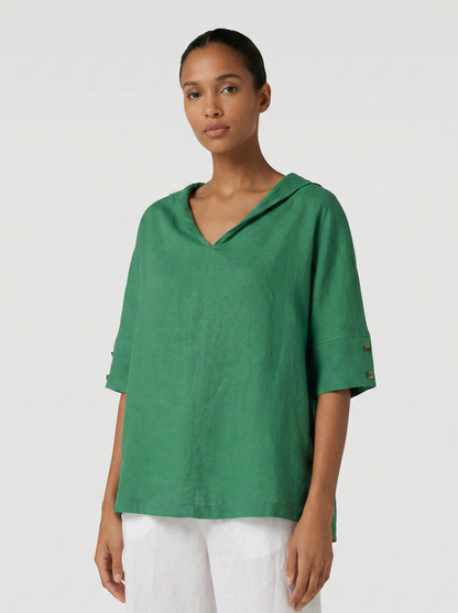 Lena | Collar V Neck 3/4 Sleeve Oversized Linen Blend Casual Top