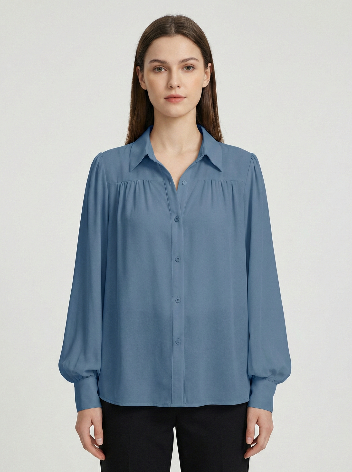 Monroe | Gathered Yoke Balloon Sleeve Lapel Collar Casual Elegant Blouse