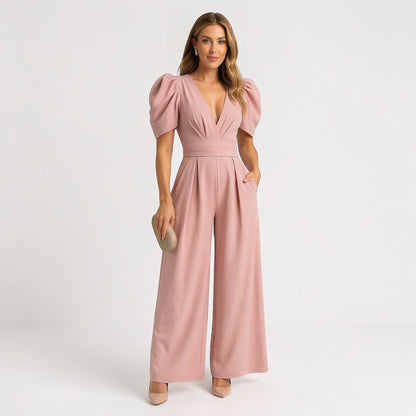 Renata | Deep V Neck Puff Sleeve Belted Wide Leg Elegant Jumpsuit
