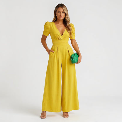 Renata | Deep V Neck Puff Sleeve Belted Wide Leg Elegant Jumpsuit