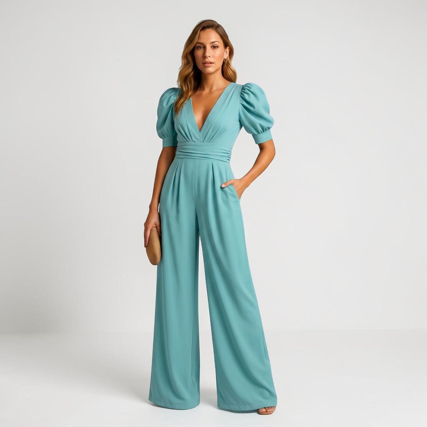 Renata | Deep V Neck Puff Sleeve Belted Wide Leg Elegant Jumpsuit