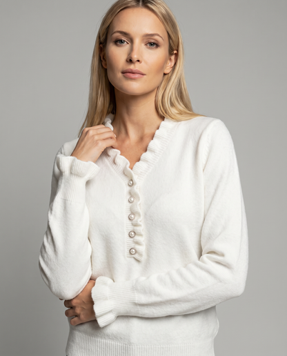 Kristi | Ruffle Trim V Neck Jewel Button Long Sleeve Casual Knit Blouse