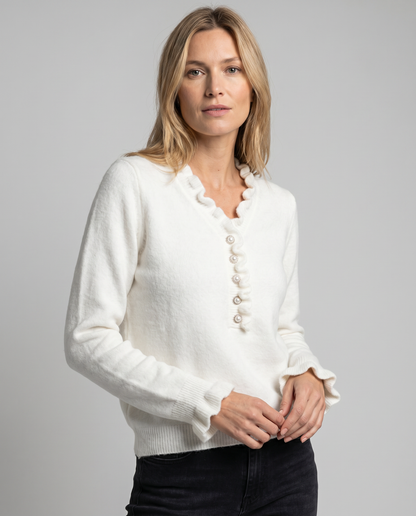 Kristi | Ruffle Trim V Neck Jewel Button Long Sleeve Casual Knit Blouse