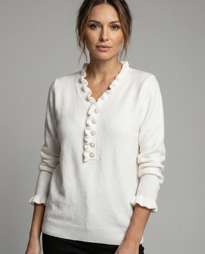 Kristi | Ruffle Trim V Neck Jewel Button Long Sleeve Casual Knit Blouse