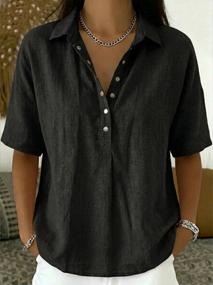 Quinley | Women's Linen Blend Collared V Neck Relaxed Blouse