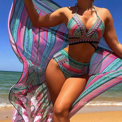 Isabella | Boho Stripe Crochet Print Halter Bikini With Kimono Cover Up Three Piece Set