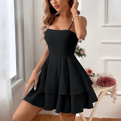 Juliette | Women's Tiered Spaghetti Strap Flared Cocktail Mini Dress