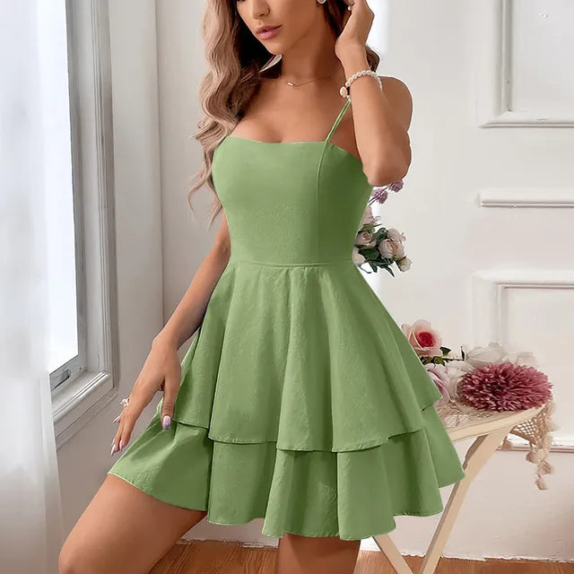 Juliette | Women's Tiered Spaghetti Strap Flared Cocktail Mini Dress
