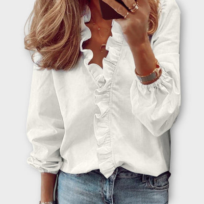 Isadora | V Neck Ruffle Trim Long Sleeve Casual Elegant Blouse
