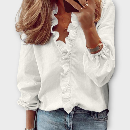 Isadora | V Neck Ruffle Trim Long Sleeve Casual Elegant Blouse