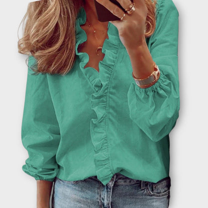Isadora | V Neck Ruffle Trim Long Sleeve Casual Elegant Blouse