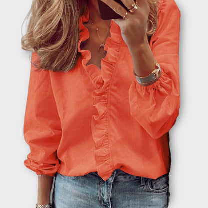 Isadora | V Neck Ruffle Trim Long Sleeve Casual Elegant Blouse