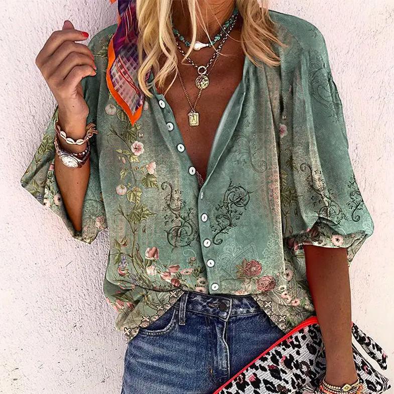 Isla | V Neck Boho Floral Print Long Sleeve Button Down Blouse