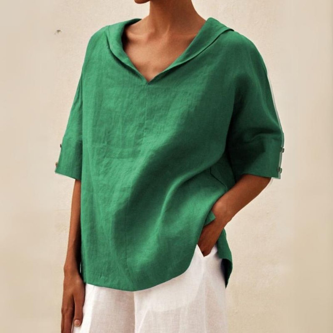 Lena | Collar V Neck 3/4 Sleeve Oversized Linen Blend Casual Top