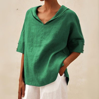 Lena | Collar V Neck 3/4 Sleeve Oversized Linen Blend Casual Top