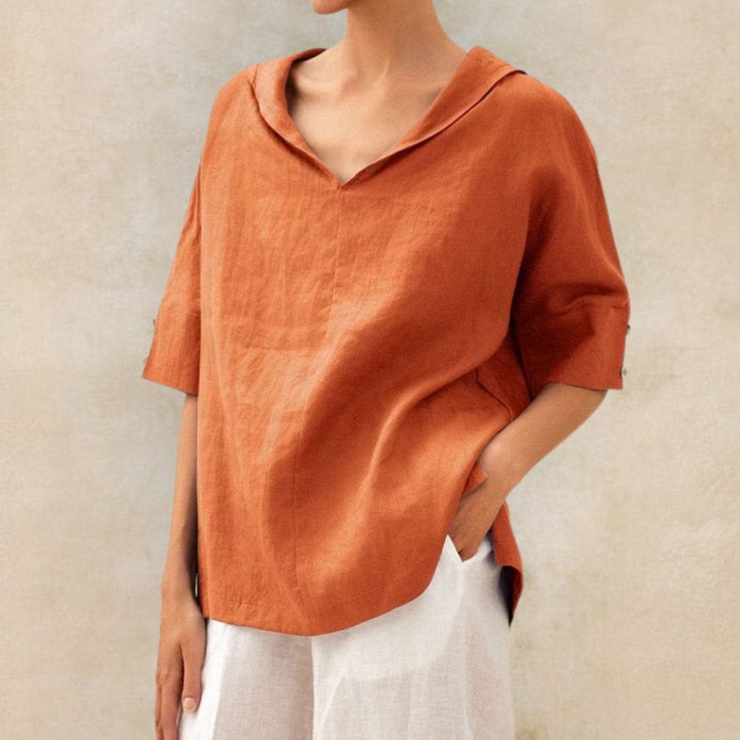 Lena | Collar V Neck 3/4 Sleeve Oversized Linen Blend Casual Top