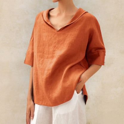 Lena | Collar V Neck 3/4 Sleeve Oversized Linen Blend Casual Top