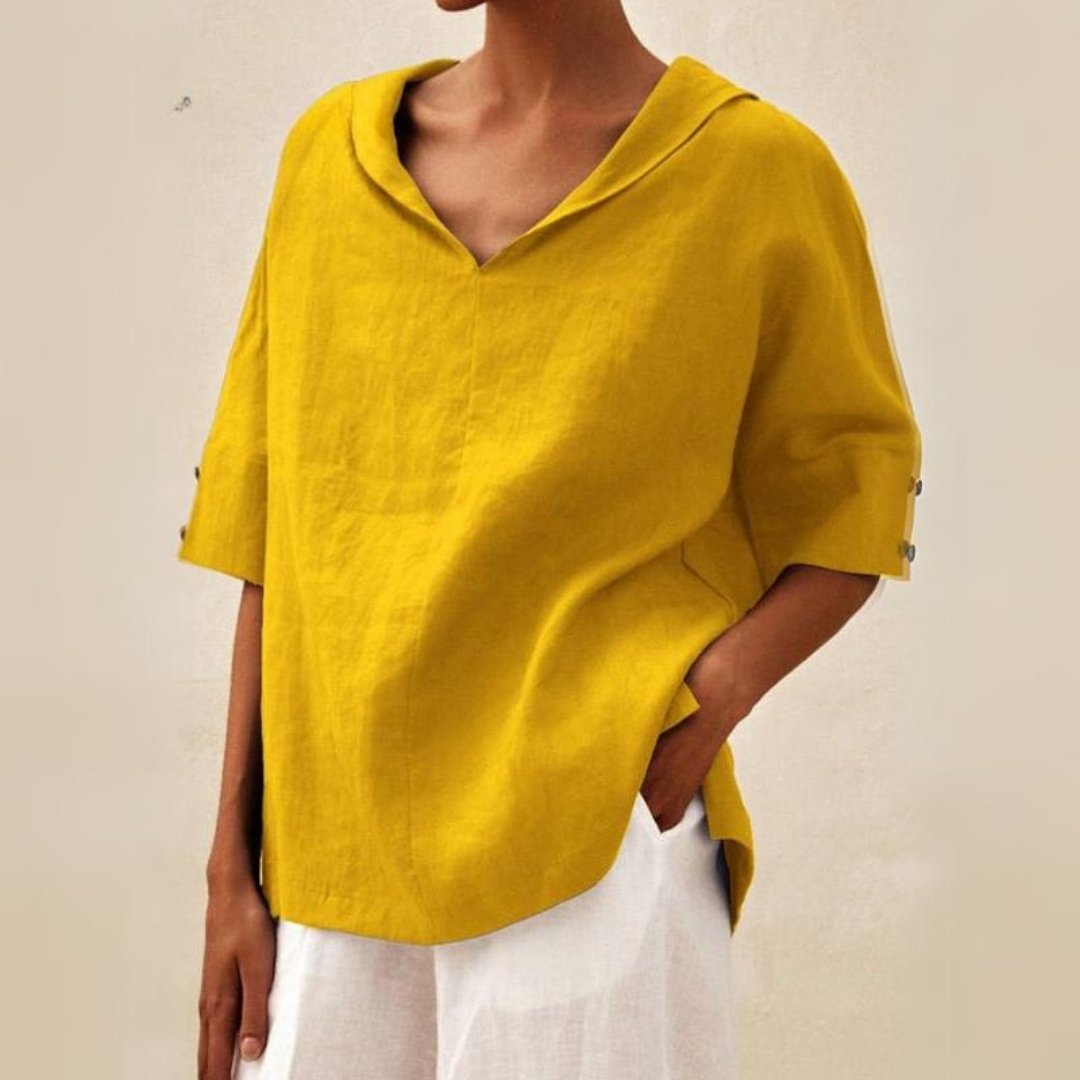 Lena | Collar V Neck 3/4 Sleeve Oversized Linen Blend Casual Top