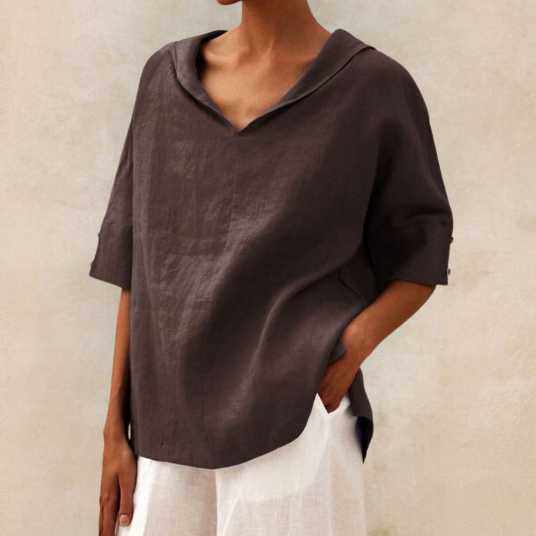 Lena | Collar V Neck 3/4 Sleeve Oversized Linen Blend Casual Top