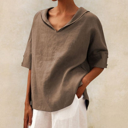 Lena | Collar V Neck 3/4 Sleeve Oversized Linen Blend Casual Top