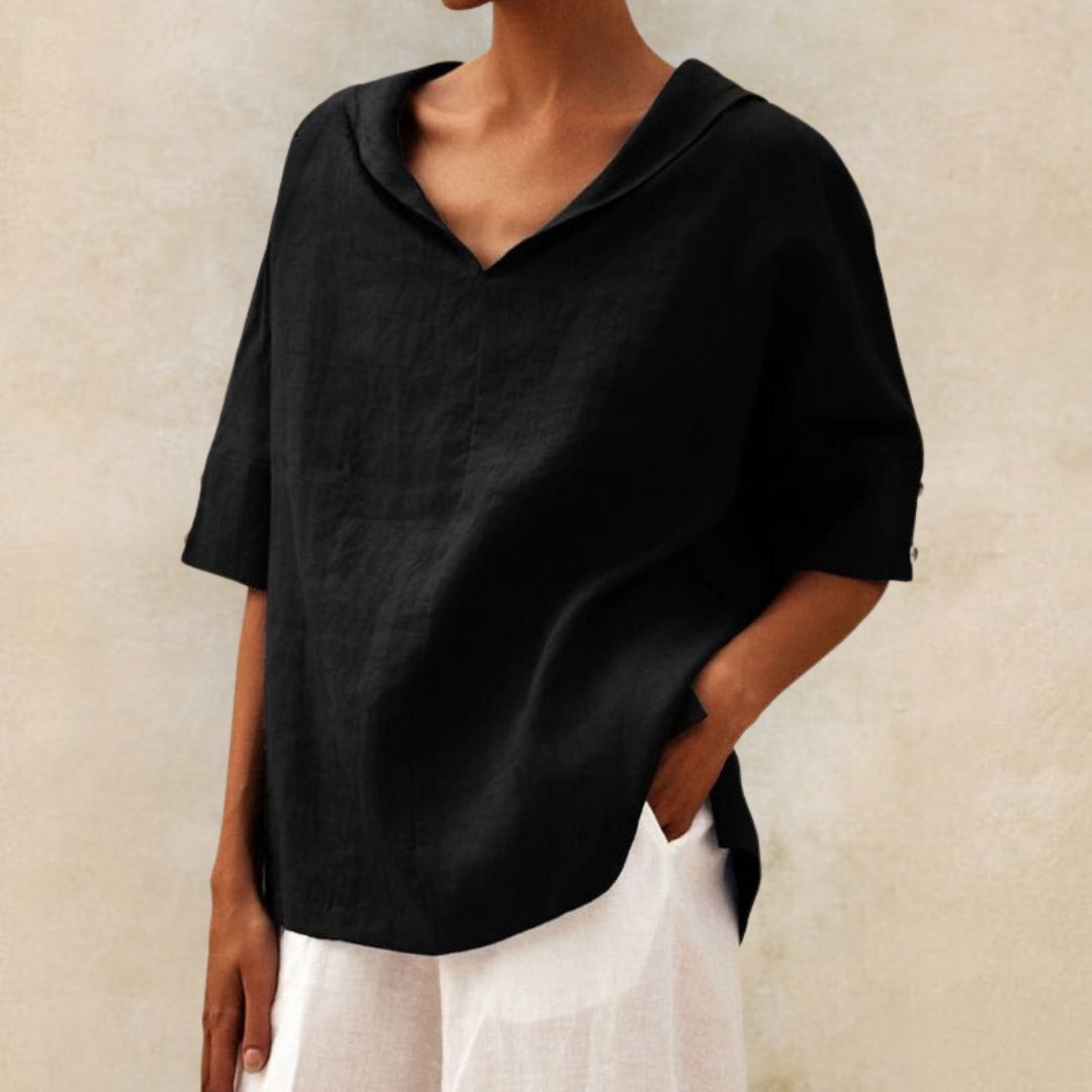 Lena | Collar V Neck 3/4 Sleeve Oversized Linen Blend Casual Top
