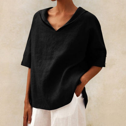 Lena | Collar V Neck 3/4 Sleeve Oversized Linen Blend Casual Top