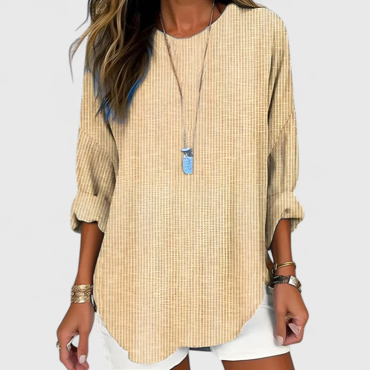 Cressida | Striped Long Sleeve Round Neck Casual Linen Blouse