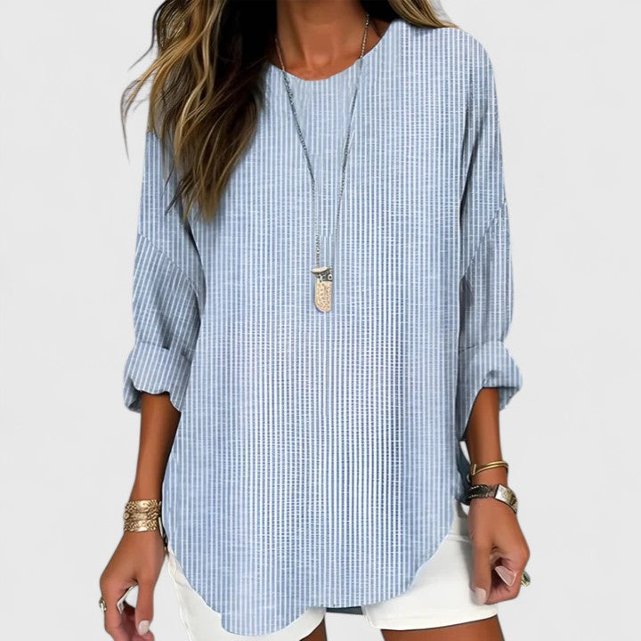 Cressida | Striped Long Sleeve Round Neck Casual Linen Blouse