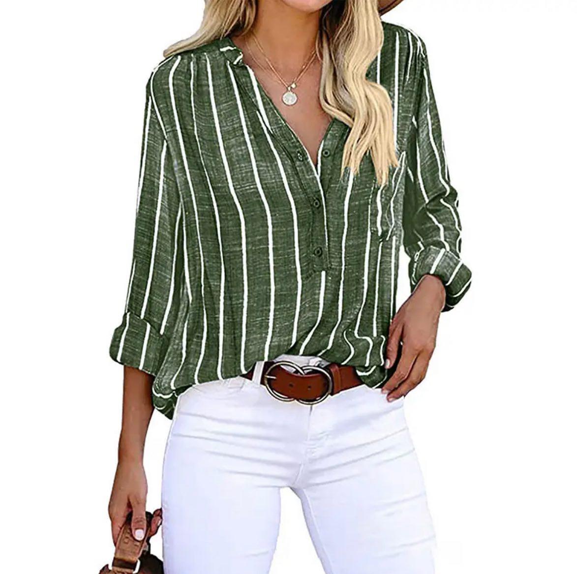Harper | Striped V Neck Long Sleeve Relaxed Casual Blouse