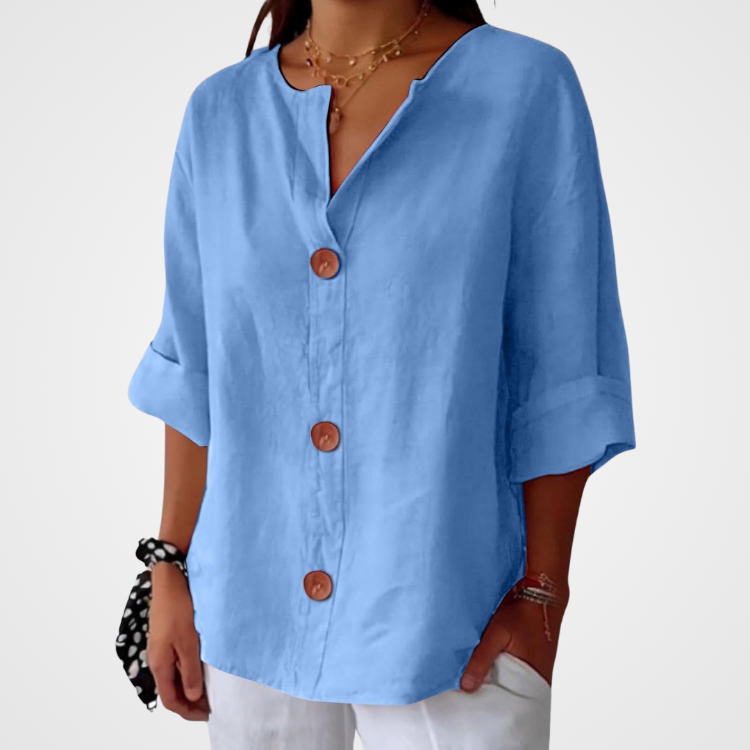 June | V Neck Button Down 3/4 Sleeve Relaxed Casual Blouse
