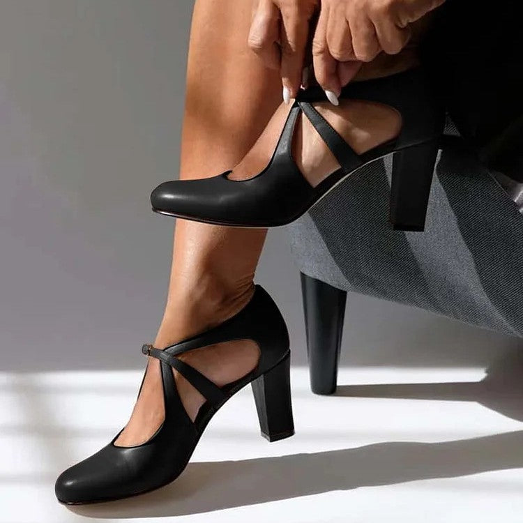 Violet | Women's Leather T-Strap Block Heel Comfort Pumps