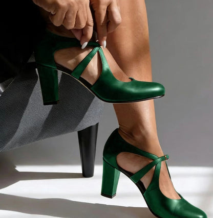 Violet | Women's Leather T-Strap Block Heel Comfort Pumps