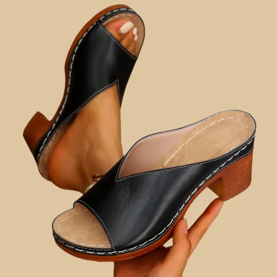 Mitchis | V Cut Open Toe Stacked Block Heel Platform Mule Sandal
