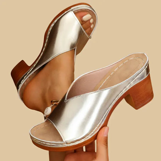 Mitchis | V Cut Open Toe Stacked Block Heel Platform Mule Sandal