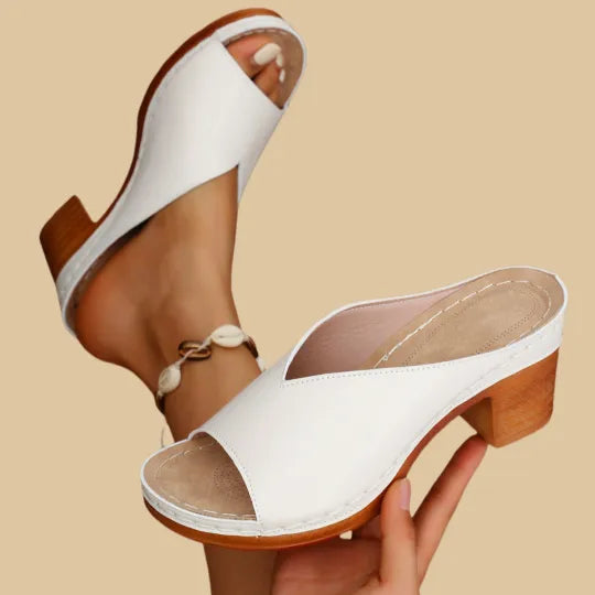 Mitchis | V Cut Open Toe Stacked Block Heel Platform Mule Sandal
