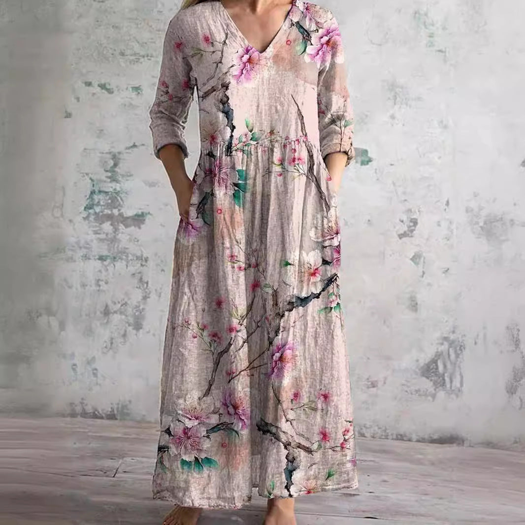 Rosa | Vintage Floral V Neck 3/4 Sleeve Boho Maxi Dress